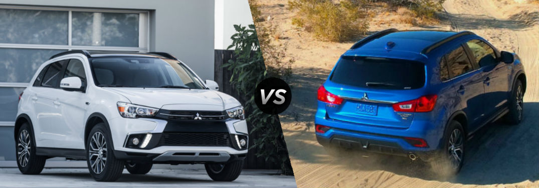 Front exterior view of a white 2018 Mitsubishi Outlander on the left "vs" rear exterior view of a Blue 2018 Mitsubishi Outlander Sport on right