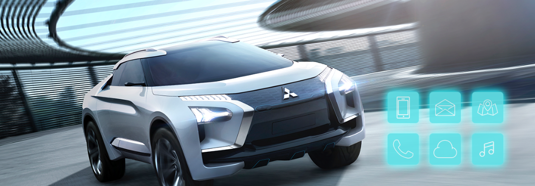 futuristic mitsubishi model with teal icons for a smartphone, telephone, cloud, music note, map and email letter