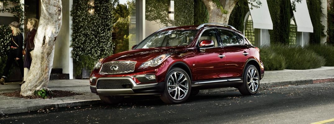Exterior view of a red 2016 INFINITI QX50