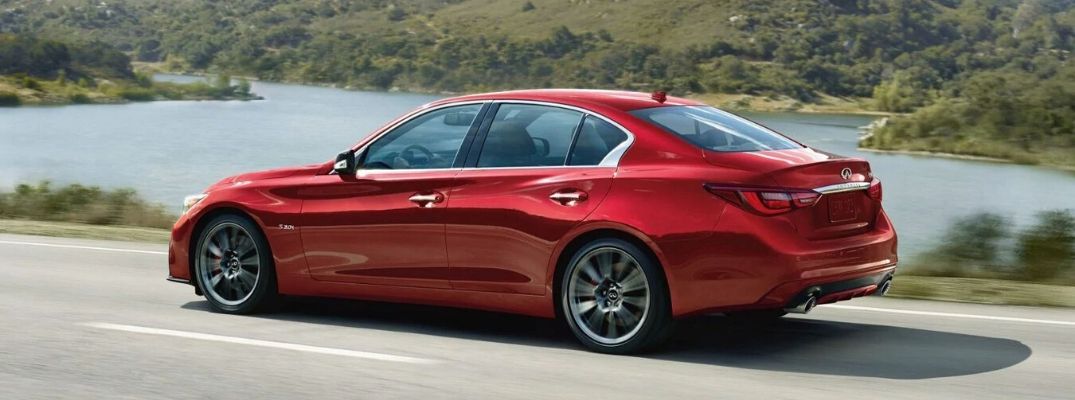 Exterior view of a red 2020 INFINITI Q50 Red Sport 400