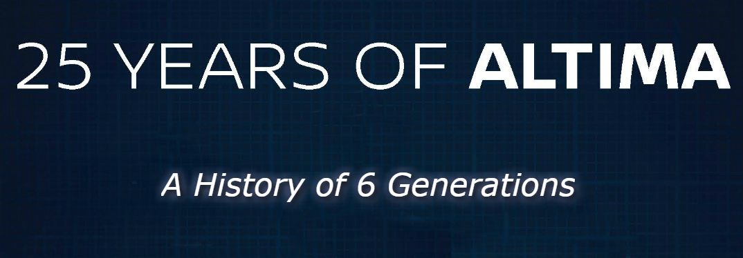 Text that says "25 Years of Altima A History of 6 Generations" over a blue grid background