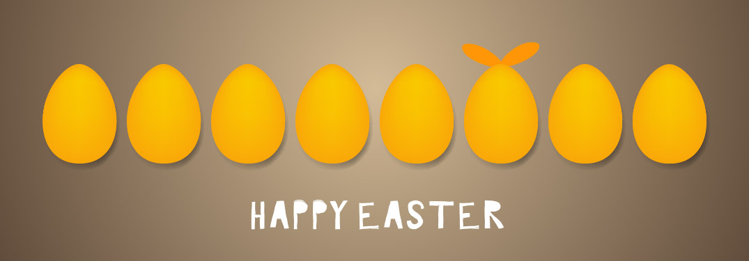yellow eggs on brown background with text saying Happy Easter