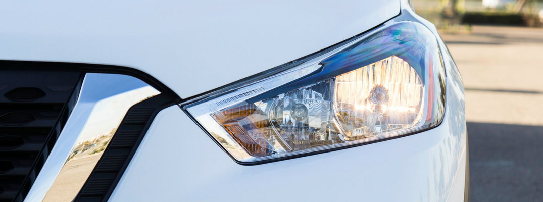 2018 Nissan Kicks Close-up View of Headlight and White Exterior