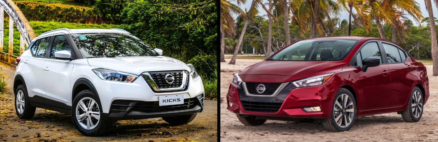 2020 Nissan Kicks on left and 2020 Nissan Versa on right