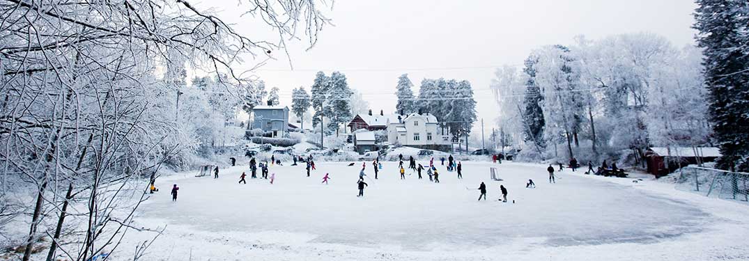 wide angle shot of people skating on an ice rink