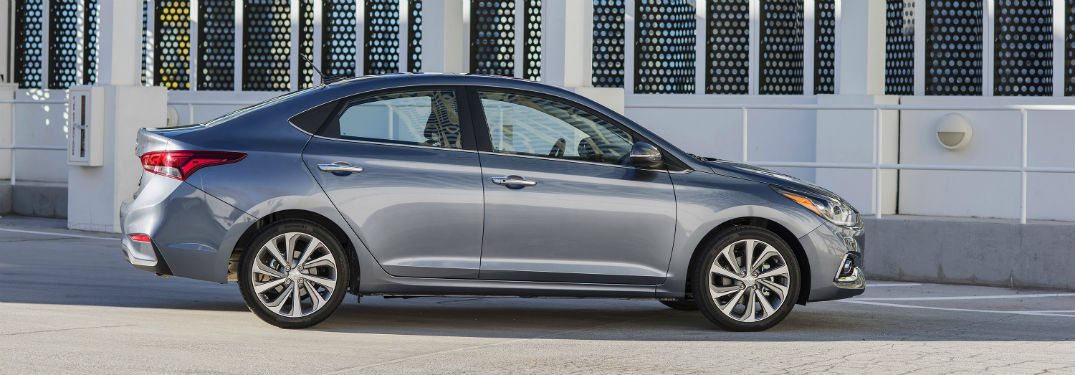 side view of a silver 2018 Hyundai Accent