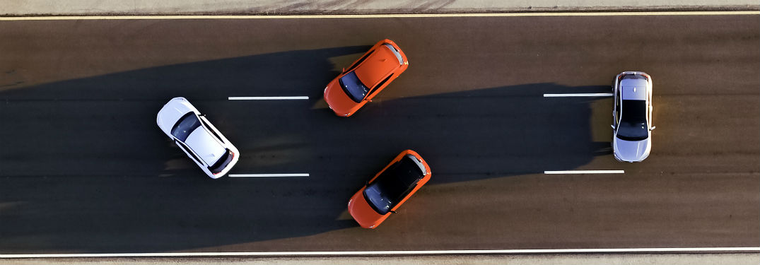 aerial view of four 2019 Hyundai Veloster models on a track