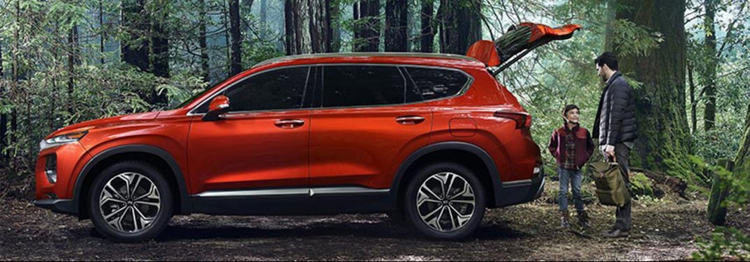 Red 2019 Hyundai Santa Fe exterior side view in a forest. A father and son stand behind the vehicle with the lift gate open.