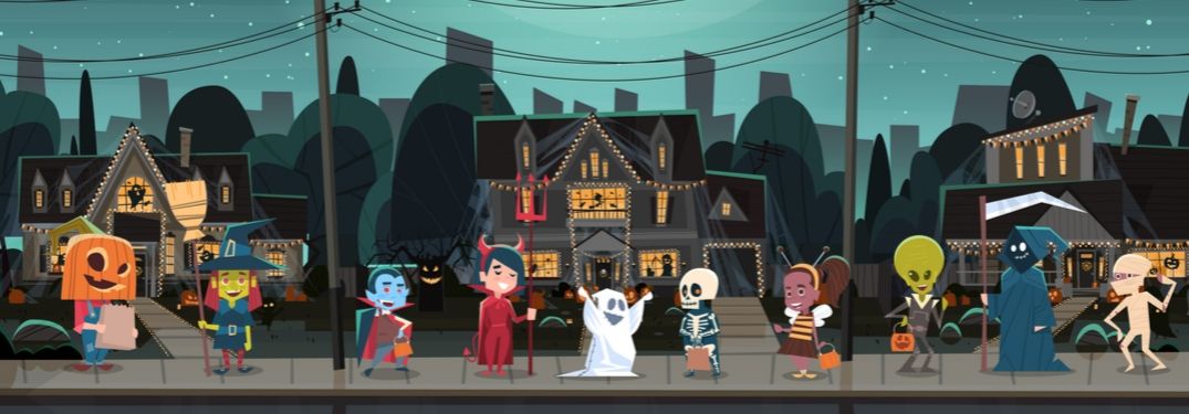 Cartoon Halloween with trick-or-treaters and decorated houses