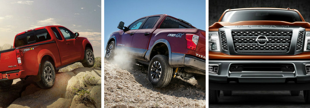side by side images of the 2018 Nissan Frontier, 2018 Nissan TITAN, and 2018 Nissan TITAN XD