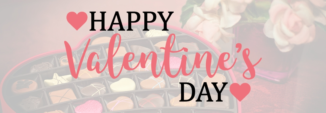 Valentine's Day Chocolates and Roses on Background with Black and Pink Happy Valentine's Day Text with Pink Hearts