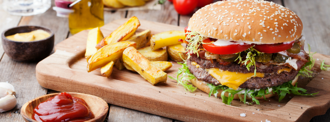 Handmade Burger and French Fries on Wooded Display Board