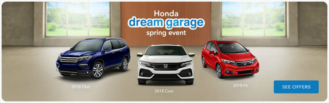 Honda Dream Garage Spring Event Title and Three Honda Vehicles