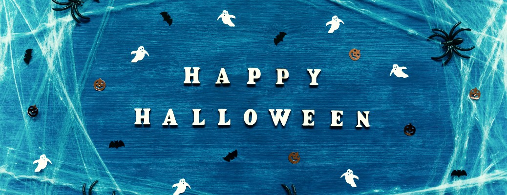 halloween banner blue with ghosts bats and spiders
