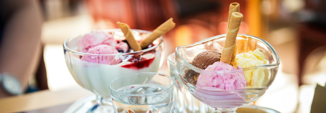 glass dishes of colorful ice cream
