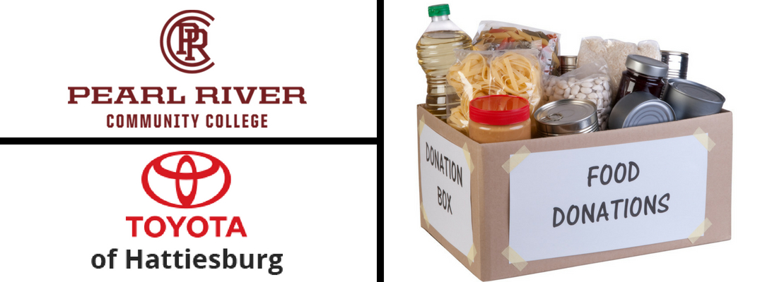 White Background with Pearl River Community College Logo, Toyota of Hattiesburg Logo and Box of Food Donations