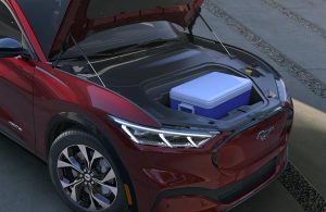 2021 Ford Mustang Mach-E with hood open showing extra cargo space