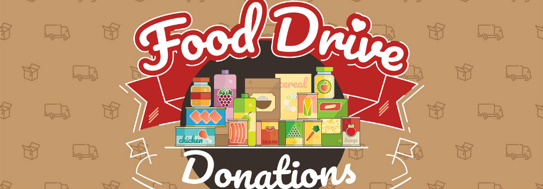 Food drive donations text and a box of food