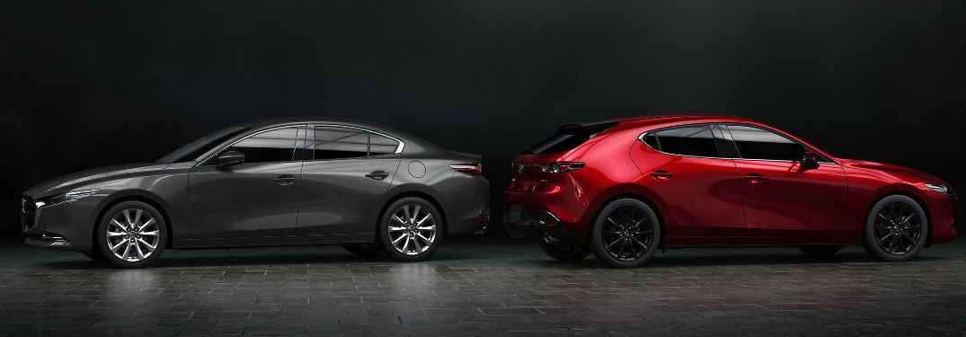 Mazda3 sedan parked next to a Mazda3 hatchback