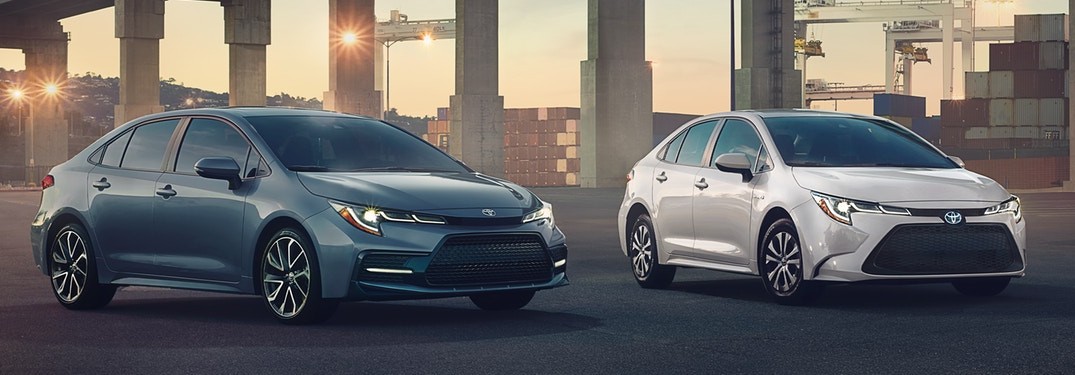 A grey 2020 Toyota Corolla parked next to a white 2020 Toyota Corolla in a city