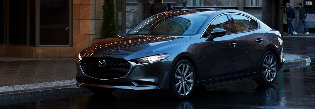 Front driver angle of a grey 2020 Mazda3 sedan