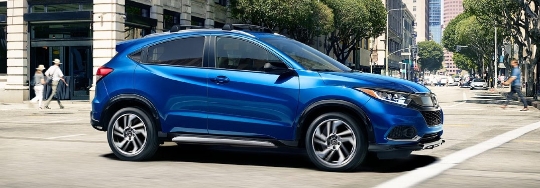 Front passenger angle of a blue 2020 Honda HR-V