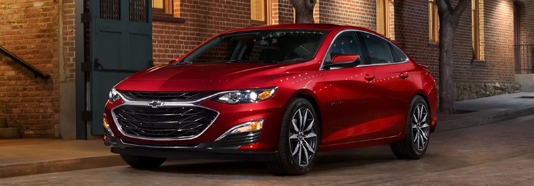Front driver angle of a red 2020 Chevrolet Malibu