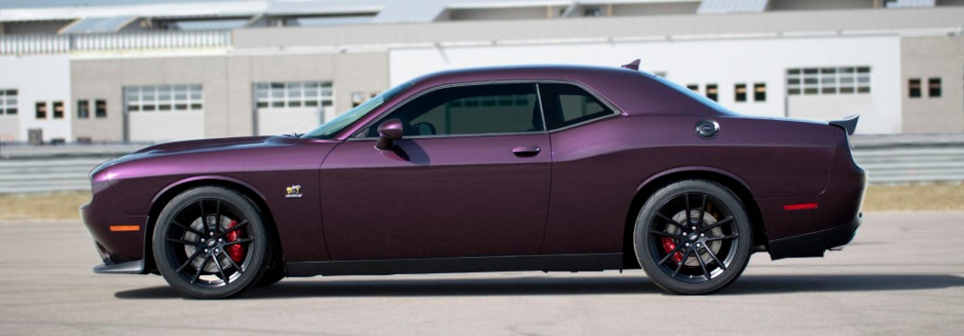 Driver angle of a purple 2020 Dodge Challenger