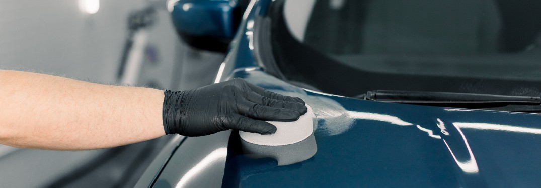 Person wearing gloves applying wax to a blue car