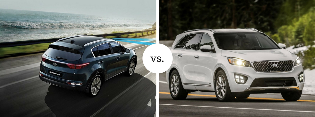 Kia Sportage positioned next to Kia Sorento in comparison image