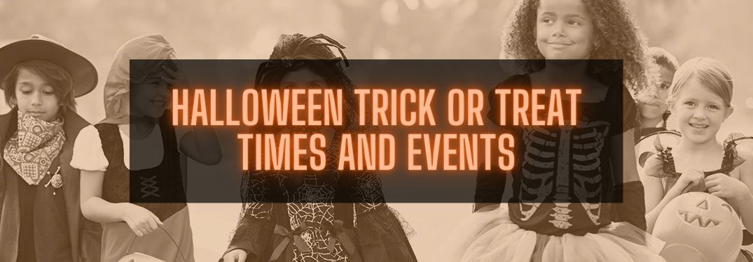Sepia Image of Kids Trick or Treating with Orange Halloween Trick or Treat Times and Events Text on Black Background
