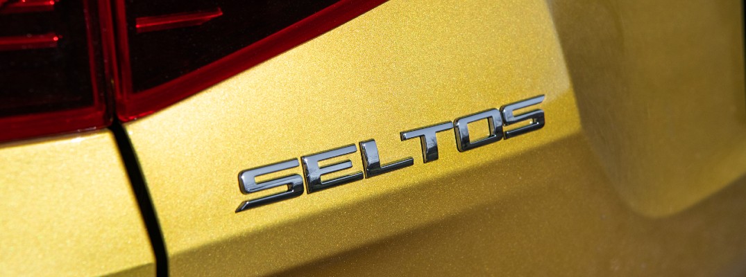 The Seltos badge used on the back of the 2021 Kia Seltos.