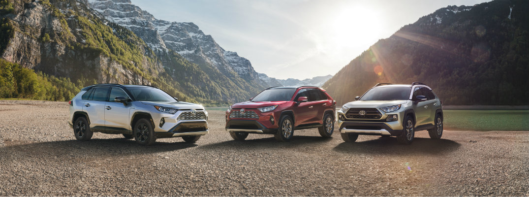 Three 2019 Toyota RAV4 models parked in front of mountainous landscape at sundown