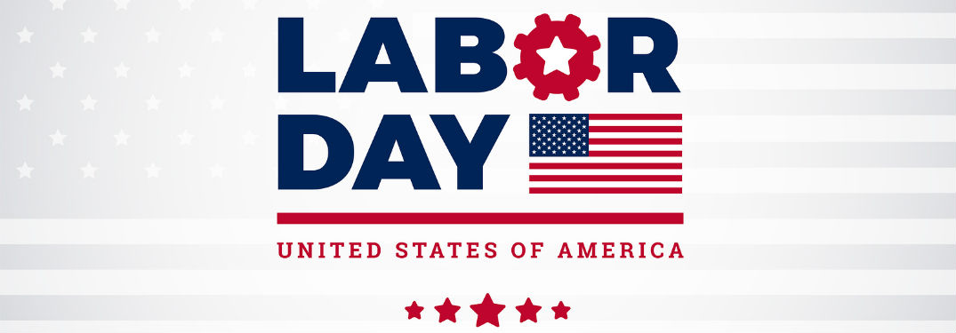 "Labor Day" text with a cog as the "O" in labor next to a small image of the American flag above "United States of America" in red text
