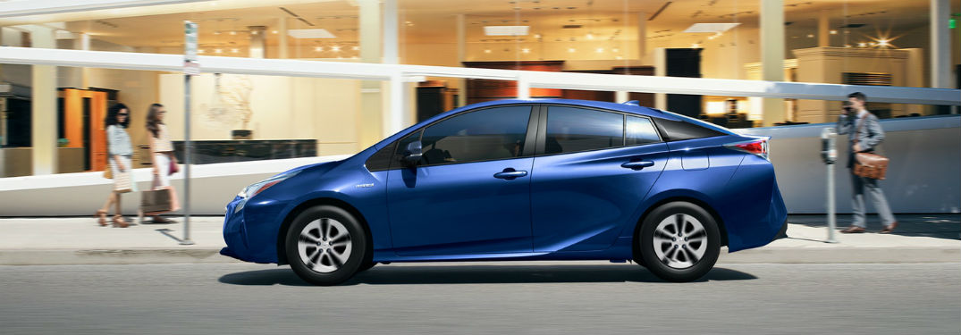 side view of a blue 2018 Toyota Prius