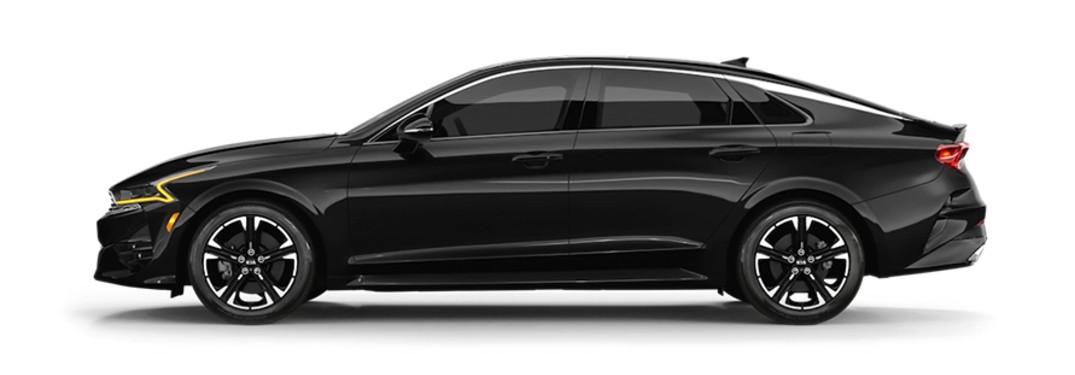 Driver angle of a black 2021 Kia K5 GT-Line on a white background