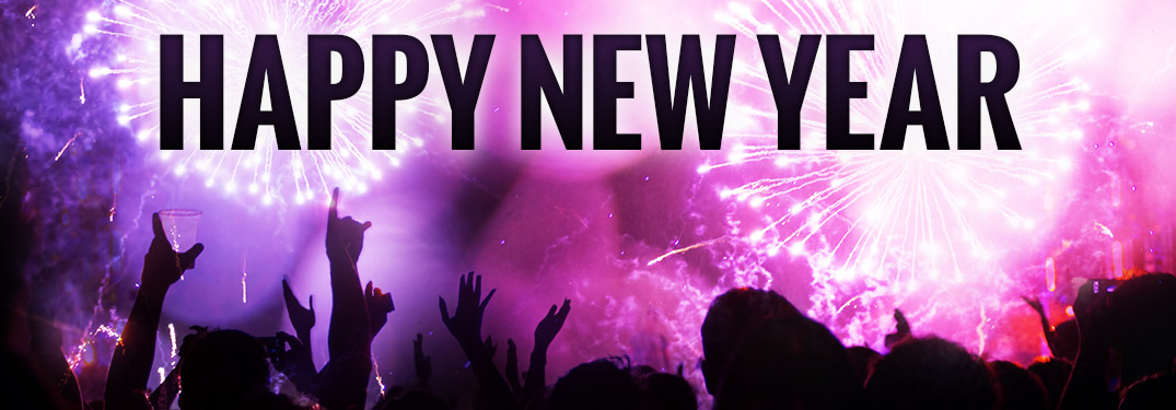 silhouettes of people watching fireworks with Happy New Year text