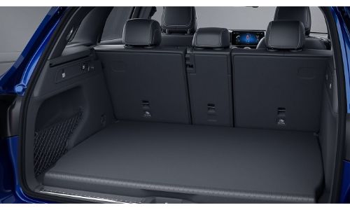 2020 Mercedes-Benz GLC SUV interior shot from behind through open trunk to show storage space behind back row of seats
