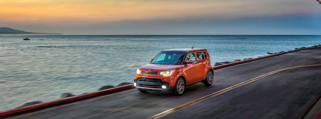 A front left quarter photo of the 2018 Kia Soul on the road.