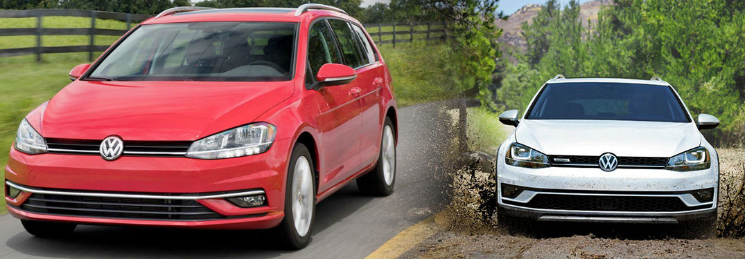 Red 2018 VW Golf Sportwagen next to white 2018 VW Golf Alltrack