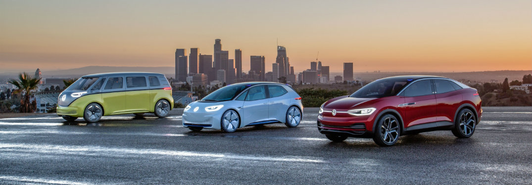 VW i.D. Family with city backdrop and sunset