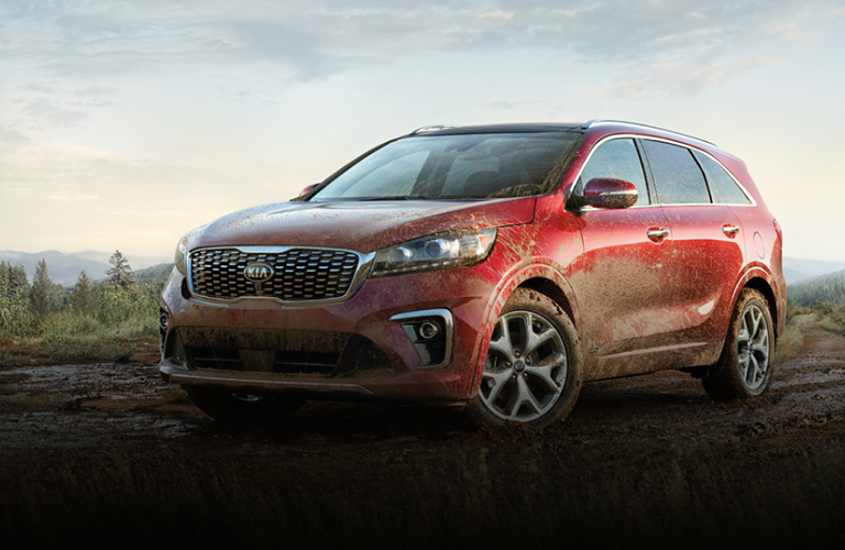 Exterior view of the front of a red 2020 Kia Sorento