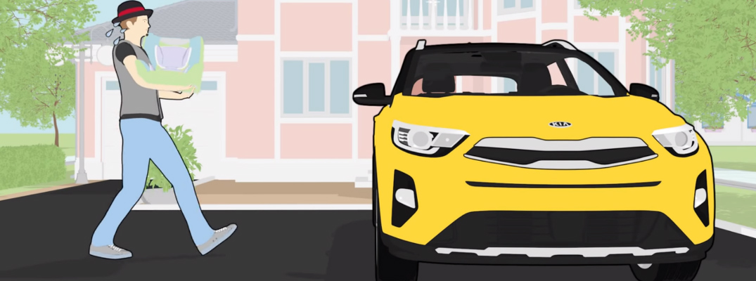 Cartoon of a man carrying a child seat to a Kia vehicle