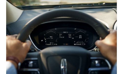 2020 Lincoln Nautilus interior close up of steering wheel and instrument panel