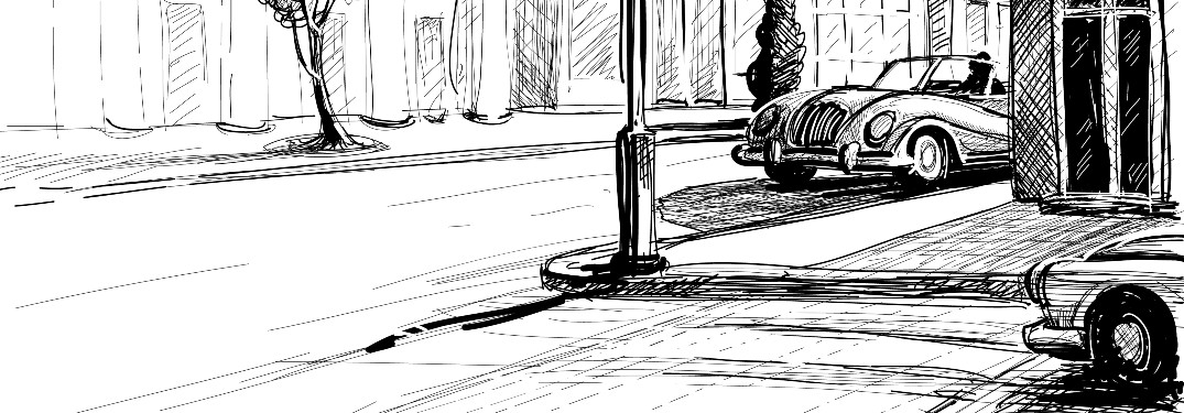 Retro Sketch of two vehicles approaching a street corner