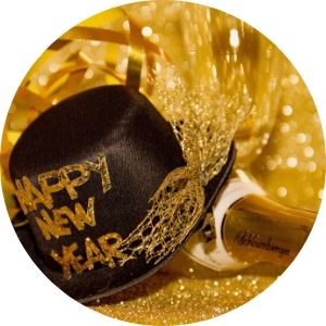 Happy New Year Hat and Champagne Bottle on Gold Background