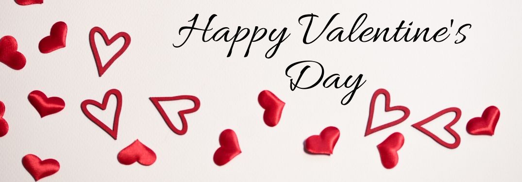 Red Hearts on White Background with Black Happy Valentine's Day Script