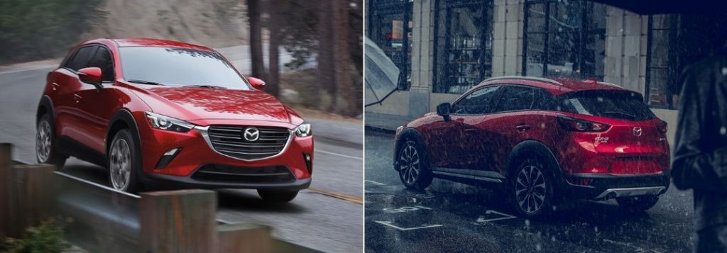 Red 2020 Mazda CX-3 on Country Road vs Red 2019 Mazda CX-3 Rear Exterior in the Rain
