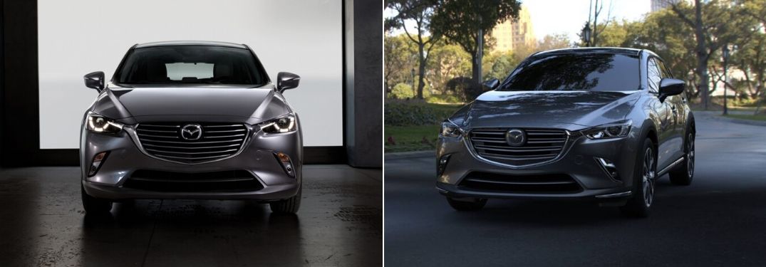 Gray 2020 Mazda CX-3 Front Exterior in Garage vs Gray 2019 Mazda CX-3 Front Exterior on a Country Road