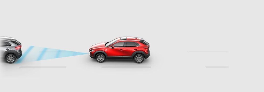 Graphic of Red Mazda CX-5 Using Mazda Radar Cruise Control with Stop and Go